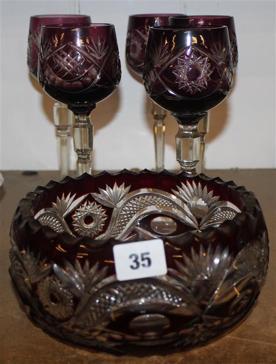 5 amethyst cut glass hock glasses & overlay Edwardian bowl